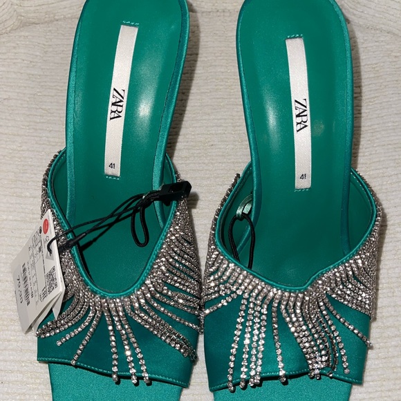 Zara Shoes Zara Green Sparkly Rhinestones Fringes Heel Sandals Size